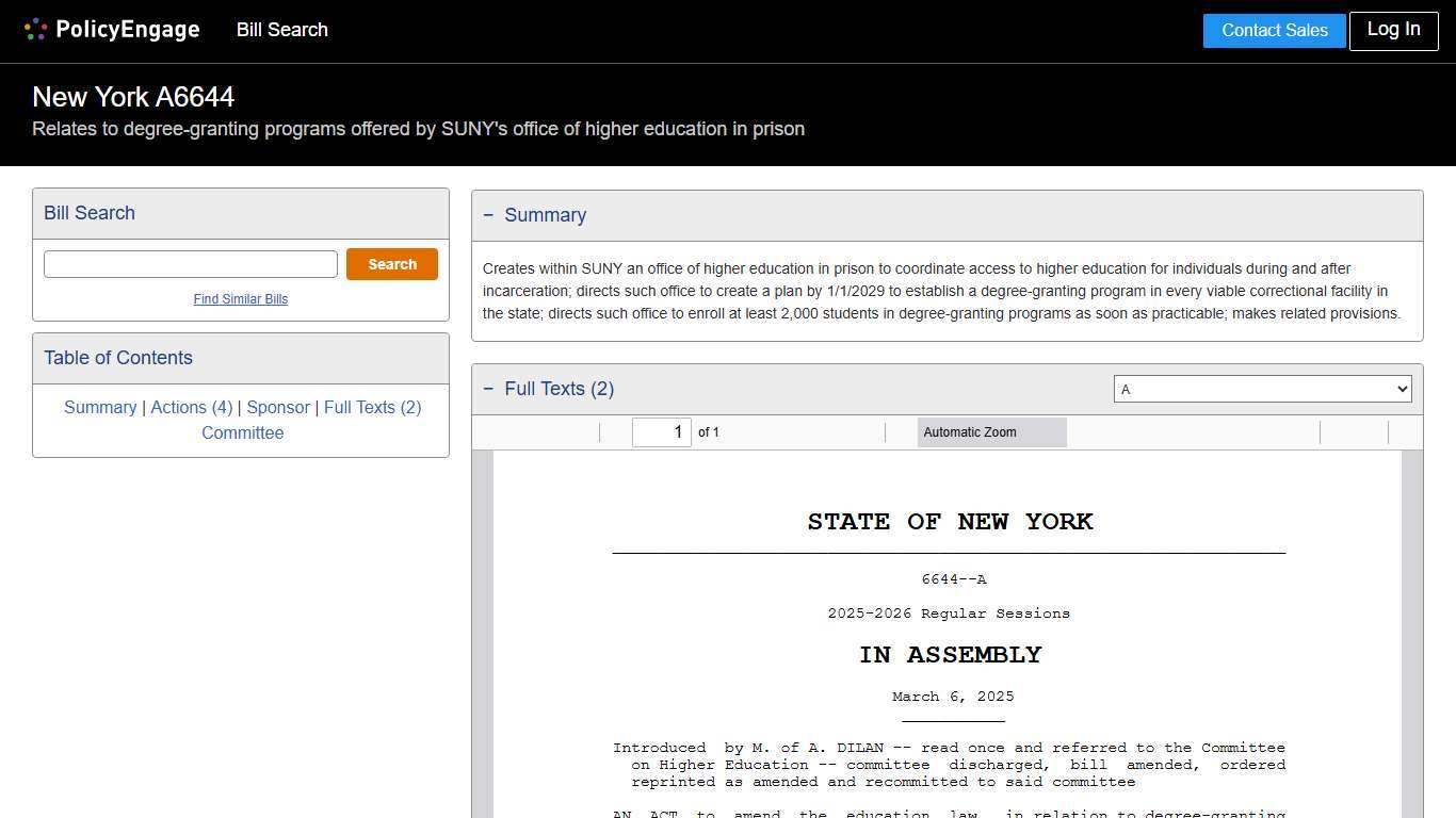 A6644 New York 2025-2026 Relates to degree-granting programs offered by SUNY's office of higher education in prison - Legislative Tracking PolicyEngage